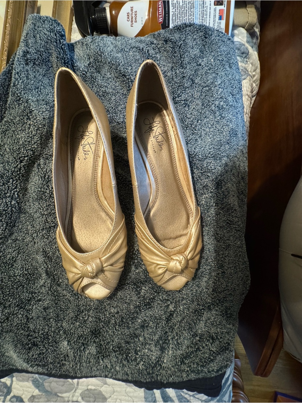Life Stride Metallic Gold Peep-Toe Knot Flats